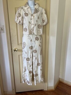 Cream Floral Wide-Leg Jumpsuit Set